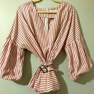 COPY - New York & Company candy stripe cotton blouse with balloon sleeves and b…